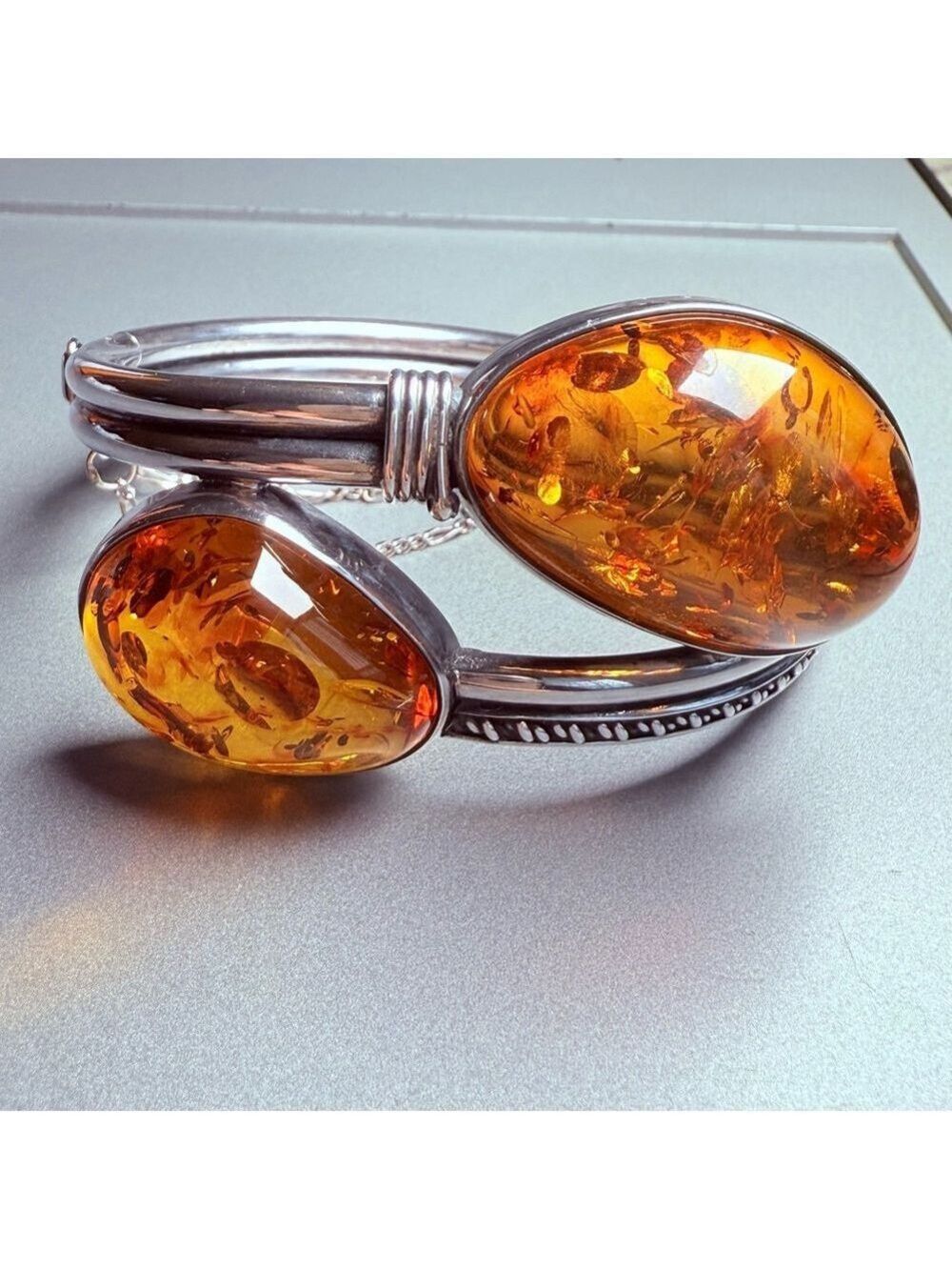 Modernist BIG Baltic Honey Amber Bypass Sterling Silver 925 VTG Bracelet MCM